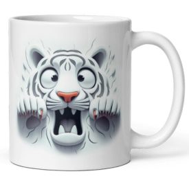 Falból kibújó 3D hatású fehér tigris egyedi neves gyerek bögre