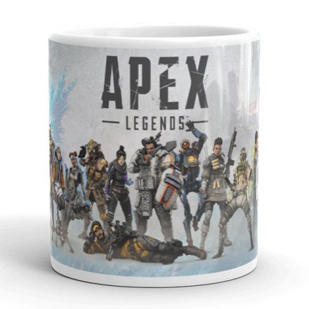 Apex Legends mintás bögre egyedi névvel feliratozva ajándék ötletként hősök karakterképével és hivatalos logóval