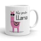 No prob-LLama feliratú fehér kerámia bögre fekete napszemüveges és színes nyeregtakarós rajzolt rózsaszín láma grafikájával.