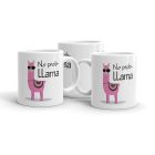 No prob-LLama feliratú fehér kerámia bögre fekete napszemüveges és színes nyeregtakarós rajzolt rózsaszín láma grafikájával.