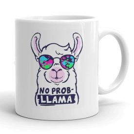No Prob-Llama feliratú fehér kerámia bögre színes neon mintás napszemüveget viselő rajzolt fehér láma grafikájával.
