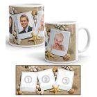 Tengerparti kagylós és homokos többképes retro Polaroid egyedi saját fotós családi kollázs bögre