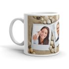 Tengerparti kagylós és homokos többképes retro Polaroid egyedi saját fotós családi kollázs bögre