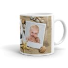 Tengerparti kagylós és homokos többképes retro Polaroid egyedi saját fotós családi kollázs bögre