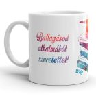 Ballagásod alkalmából szeretettel feliratú fehér kerámia bögre színes akvarell hatású könyvtorony grafikájával