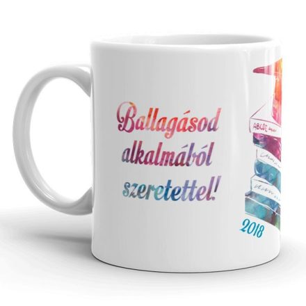 Ballagásod alkalmából szeretettel feliratú fehér kerámia bögre színes akvarell hatású könyvtorony grafikájával