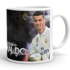 Egyedi névvel kérhető Aranylabdát tartó Cristiano Ronaldo grafikás fehér kerámia Real Madrid focis bögre