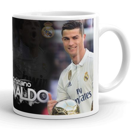 Egyedi névvel kérhető Aranylabdát tartó Cristiano Ronaldo grafikás fehér kerámia Real Madrid focis bögre