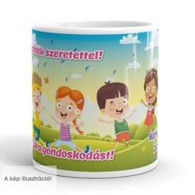 Köszönjük a gondoskodást feliratú színes ovis ballagási bögre zöld réten ugráló boldog gyerekek grafikájával