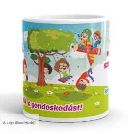 Köszönjük a gondoskodást feliratú színes ovis ballagási bögre hintázó és ceruza repülőn ülő gyerekek grafikájával