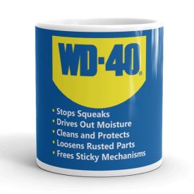 Klasszikus kék sárga wd-40 logó angol funkció feliratokkal letisztult és gyári hatású egyedi neves fehér bögre