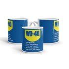 Klasszikus kék sárga wd-40 logó angol funkció feliratokkal letisztult és gyári hatású egyedi neves fehér bögre