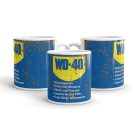 Kék sárga wd-40 logó angol feliratokkal és rozsdás koptatott mintával egyedi neves fehér bögre