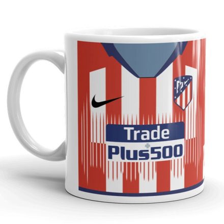 Egyedi névre szóló és mezszámos piros-fehér csíkos Atlético Madrid focimez mintás fehér kerámia szurkolói bögre