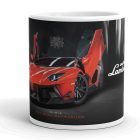 Vörös felfelé nyíló ajtós lamborghini aventador dmc fekete háttérrel és the bull unleashed felirattal egyedi neves mintás fehér bögre