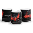 Vörös felfelé nyíló ajtós lamborghini aventador dmc fekete háttérrel és the bull unleashed felirattal egyedi neves mintás fehér bögre