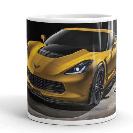 Mélysárga chevrolet corvette c7 z06 sportautó fekete felnikkel és kockás zászló grafikával egyedi neves mintás fehér bögre