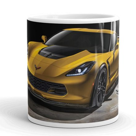 Mélysárga chevrolet corvette c7 z06 sportautó fekete felnikkel és kockás zászló grafikával egyedi neves mintás fehér bögre