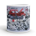 Piros volkswagen golf mk2 kettes golf szétszerelt alkatrészei robbantott ábra knolling fotó egyedi neves fehér bögre