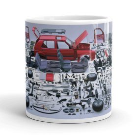 Piros volkswagen golf mk2 kettes golf szétszerelt alkatrészei robbantott ábra knolling fotó egyedi neves fehér bögre