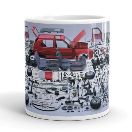 Piros volkswagen golf mk2 kettes golf szétszerelt alkatrészei robbantott ábra knolling fotó egyedi neves fehér bögre