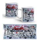 Piros volkswagen golf mk2 kettes golf szétszerelt alkatrészei robbantott ábra knolling fotó egyedi neves fehér bögre