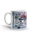 Piros volkswagen golf mk2 kettes golf szétszerelt alkatrészei robbantott ábra knolling fotó egyedi neves fehér bögre