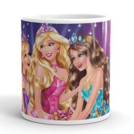 Barbie csillagos hercegnők gyerek bögre lila és pink háttérrel, kutyusos babák mintájával és egyedi névvel