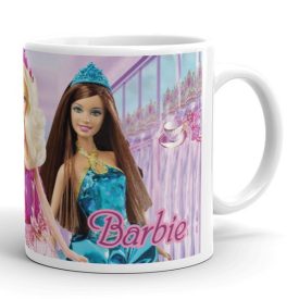 Barbie hercegnők gyerek bögre lila és pink háttérrel, tiarás babák mintájával és egyedi névvel