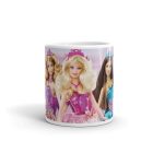 Barbie hercegnők gyerek bögre lila és pink háttérrel, tiarás babák mintájával és egyedi névvel