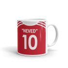 Egyedi névre szóló és mezszámos piros-fehér függőlegesen csíkos FC Bayern München focimez mintás fehér kerámia szurkolói bögre