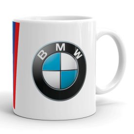 Egyedi felirattal és saját névvel kérhető kék-fehér BMW logó mintás fehér kerámia autós bögre piros és kék sportcsíkokkal