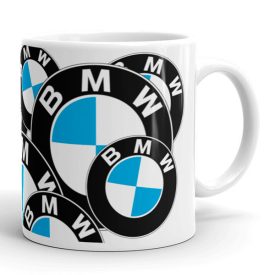 Egyedi felirattal és saját névvel kérhető több különböző méretű kék-fehér BMW logó mintás fehér kerámia autós bögre