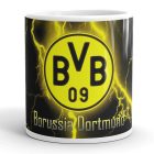 Egyedi névvel kérhető hivatalos BVB 09 logós sárga villámmintás fekete kerámia focis bögre