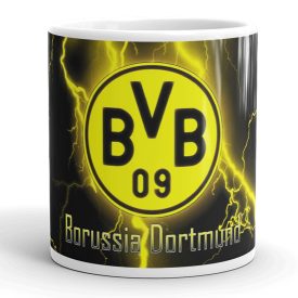 Egyedi névvel kérhető hivatalos BVB 09 logós sárga villámmintás fekete kerámia focis bögre