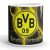 Egyedi névvel kérhető hivatalos BVB 09 logós sárga villámmintás fekete kerámia focis bögre