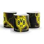 Egyedi névvel kérhető hivatalos BVB 09 logós sárga villámmintás fekete kerámia focis bögre