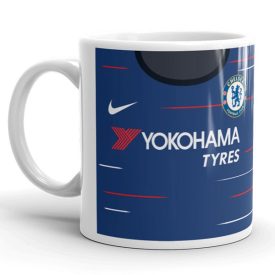 Egyedi névre szóló és mezszámos kék Chelsea FC focimez mintás fehér kerámia szurkolói bögre