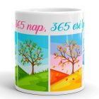 365 nap 365 esély feliratos fehér kerámia bögre színes négy évszak fái illusztrációval