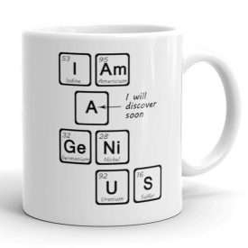 I Am Genius feliratos fehér kerámia bögre kémiai elemekkel és periódusos rendszer vegyjelekkel