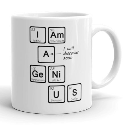 I Am Genius feliratos fehér kerámia bögre kémiai elemekkel és periódusos rendszer vegyjelekkel