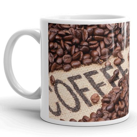  Pörkölt kávészemek zsákvászon coffee felirattal egyedi neves 360 fokos mintás bögre
