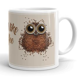 Kávészemekből formázott bagoly eszpresszó szemekkel i like coffee felirattal egyedi neves 360 fokos mintás bögre