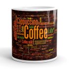 Kávékülönlegességek szófelhő sötét kávészemes háttérrel coffee espresso cappuccino feliratokkal egyedi neves 360 fokos mintás bögre