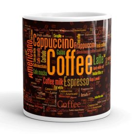 Kávékülönlegességek szófelhő sötét kávészemes háttérrel coffee espresso cappuccino feliratokkal egyedi neves 360 fokos mintás bögre