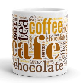 Kávéházi szófelhő mozaik coffee cafe tea chocolate feliratokkal egyedi neves 360 fokos mintás bögre