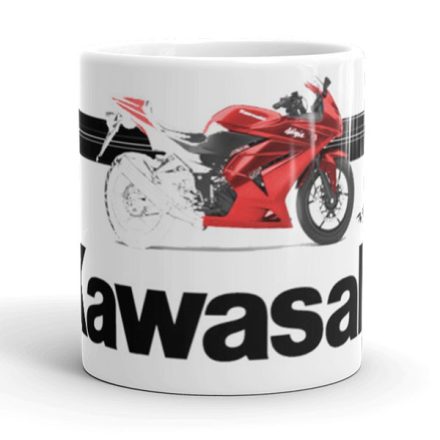 Piros kawasaki ninja gyorsasági motor fekete sávokkal és nagy fekete kawasaki felirattal egyedi neves mintás fehér bögre
