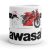 Piros kawasaki ninja gyorsasági motor fekete sávokkal és nagy fekete kawasaki felirattal egyedi neves mintás fehér bögre