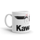 Piros kawasaki ninja gyorsasági motor fekete sávokkal és nagy fekete kawasaki felirattal egyedi neves mintás fehér bögre