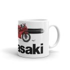 Piros kawasaki ninja gyorsasági motor fekete sávokkal és nagy fekete kawasaki felirattal egyedi neves mintás fehér bögre
